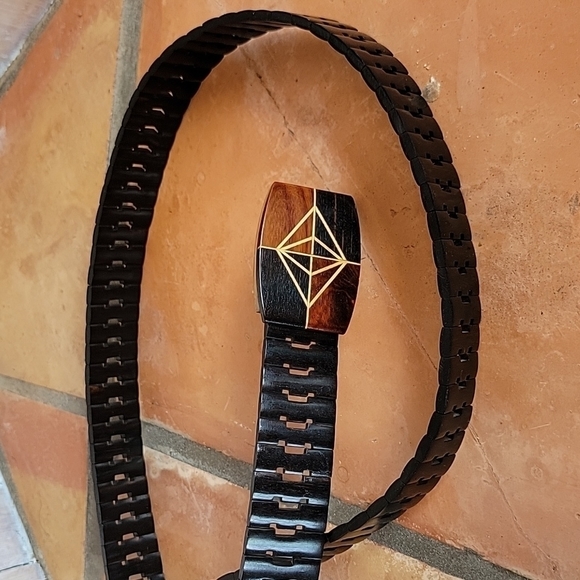 Solid wood belt with buckle geometric art inlayed wood designer belt rare item - Picture 2 of 9